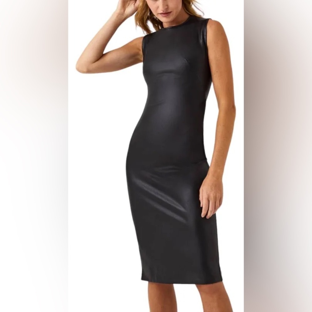 SPANX Black Faux Leather Midi Sheath Dress NWT
